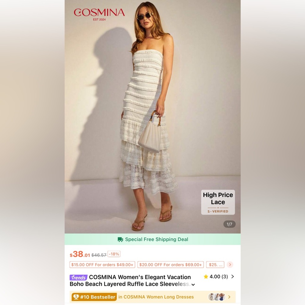 COSMINA Women's Elegant Vacation Boho Beach Layered Ruffle Lace Sleeveless Dress
